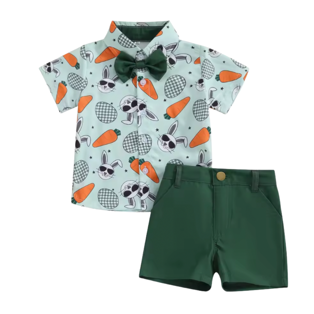 Green Chex Egg Bow Tie Short Set