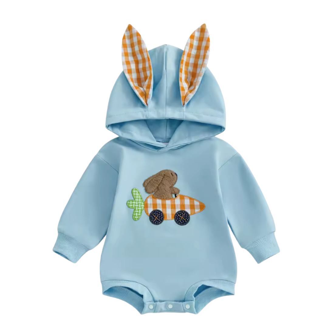 Blue Embroidered Carrot Car Hooded Ear Romper