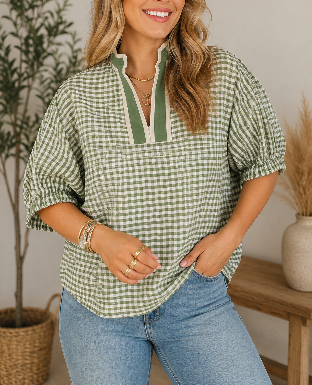 Plaid Trim Blouse RTS