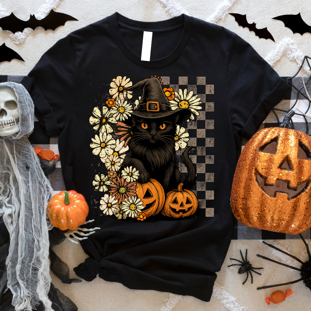 Checkered Black Cat Graphic Tee