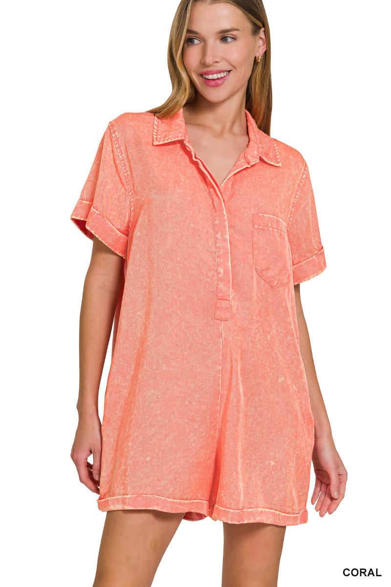 Mineral Wash Half Button Romper Zenana RTS