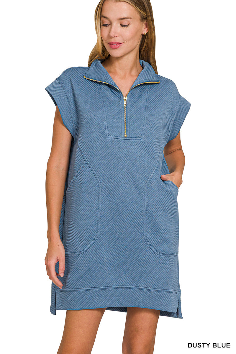Textured- Knit Quarter Zip Dress Zenana