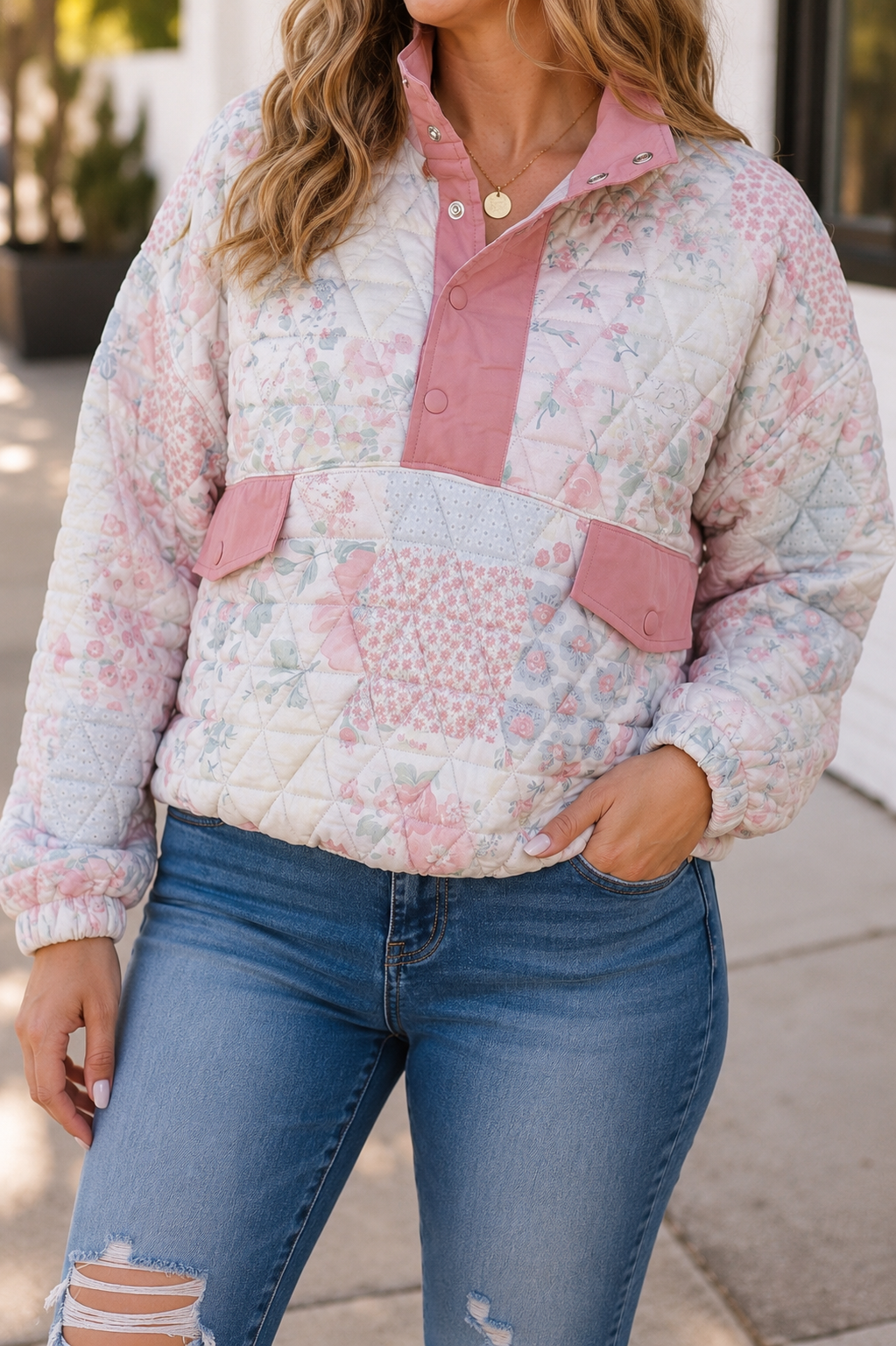Pink Floral Quilted Plus Sweatshirt RTS