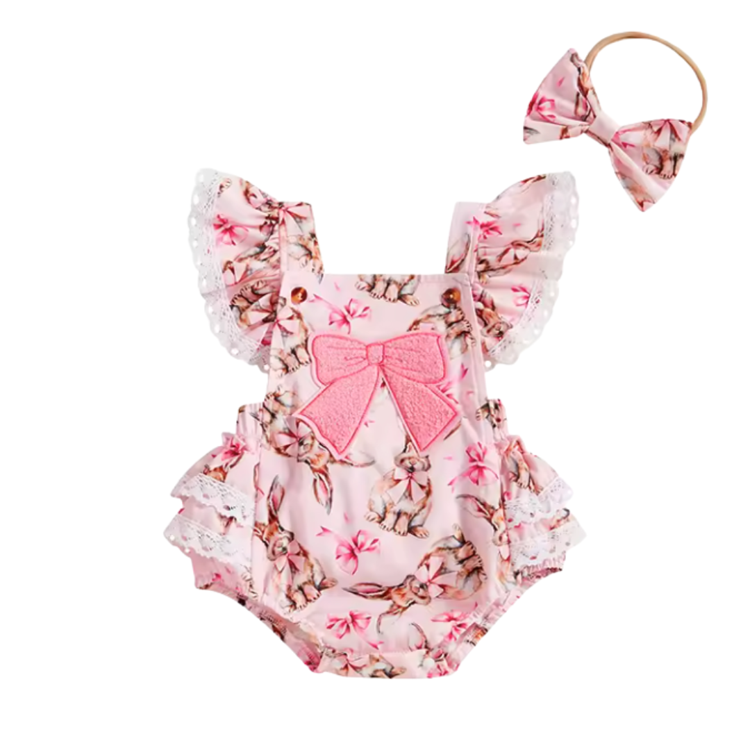 Pink Bunny Bow Ruffle Romper