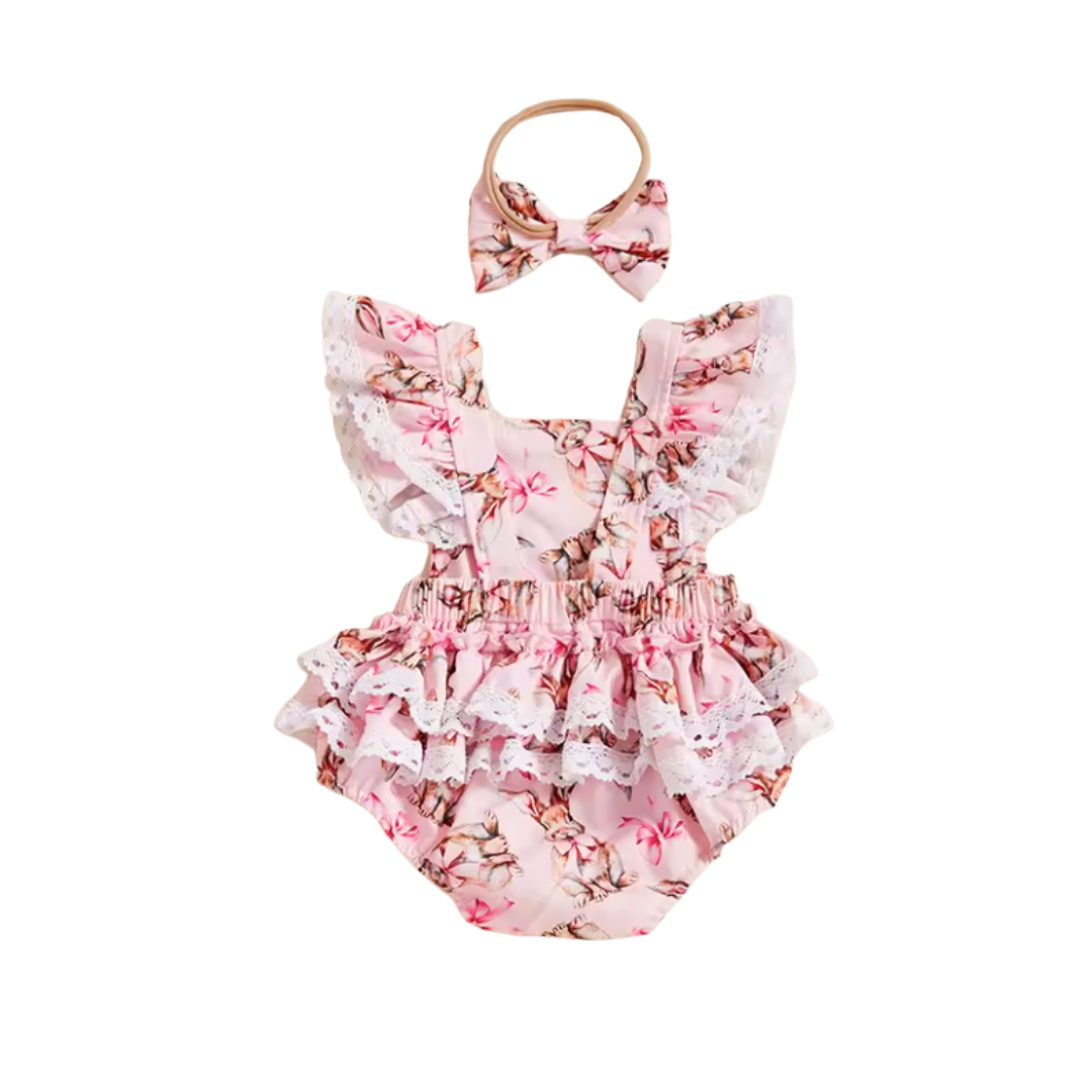 Pink Bunny Bow Ruffle Romper