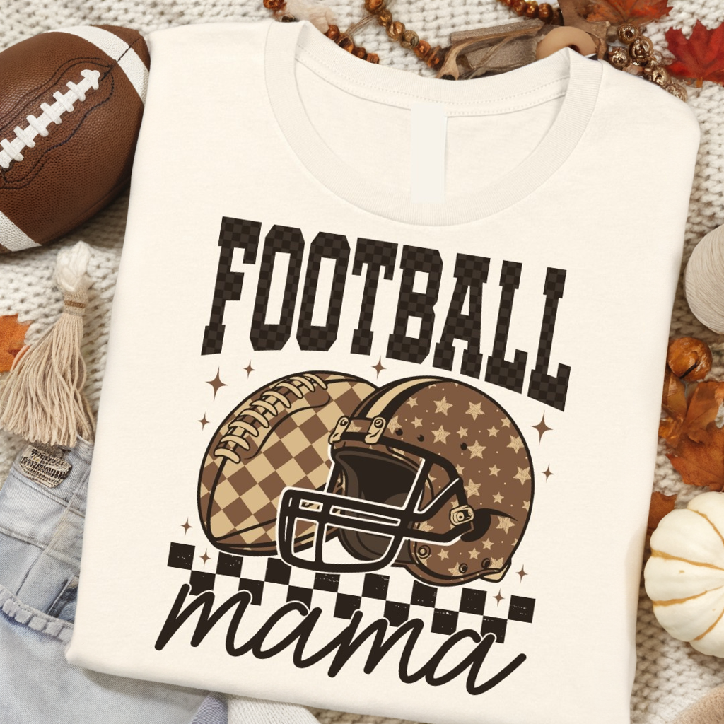 Brown Checkered Football Mama Graphic Tee D-1227